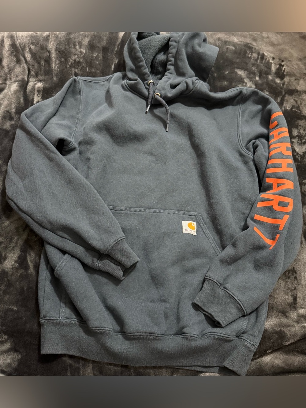 Carhartt Men's Charcoal Hoodie with Orange Sleeve Script